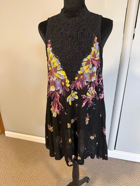 Free People Black Floral Lace High Neck Mini Dress XS Boho